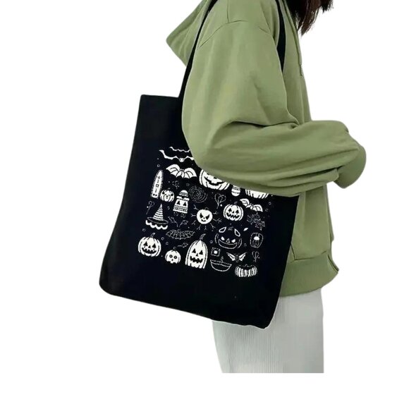NWT Halloween Black Tote Bag with White Spooky Design - 13.8"x15.3" - Picture 1 of 5
